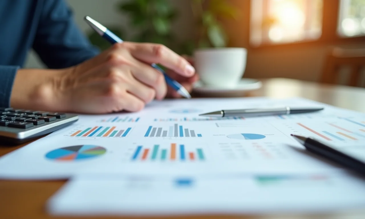 Pessoa analisando extratos bancários e documentos financeiros em uma mesa de escritório.