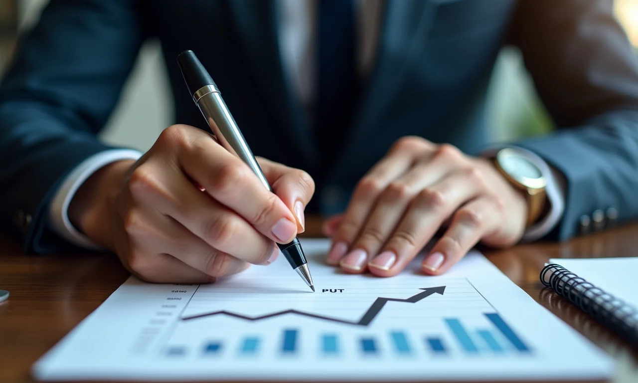 Pessoa assinando contrato de opção de venda (Put) com gráfico descendente.
