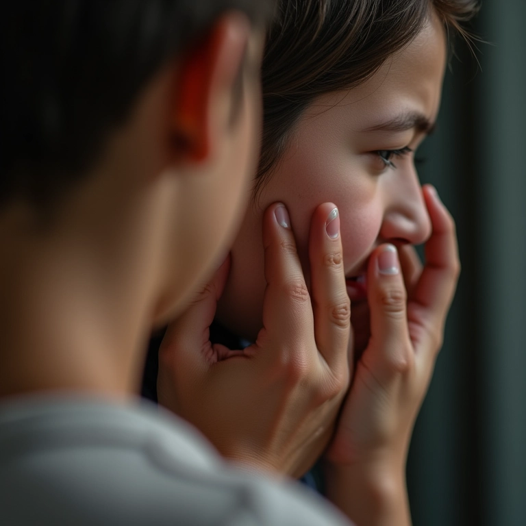 Pessoa chorando com mãos oferecendo conforto, representando tristeza e luto.
