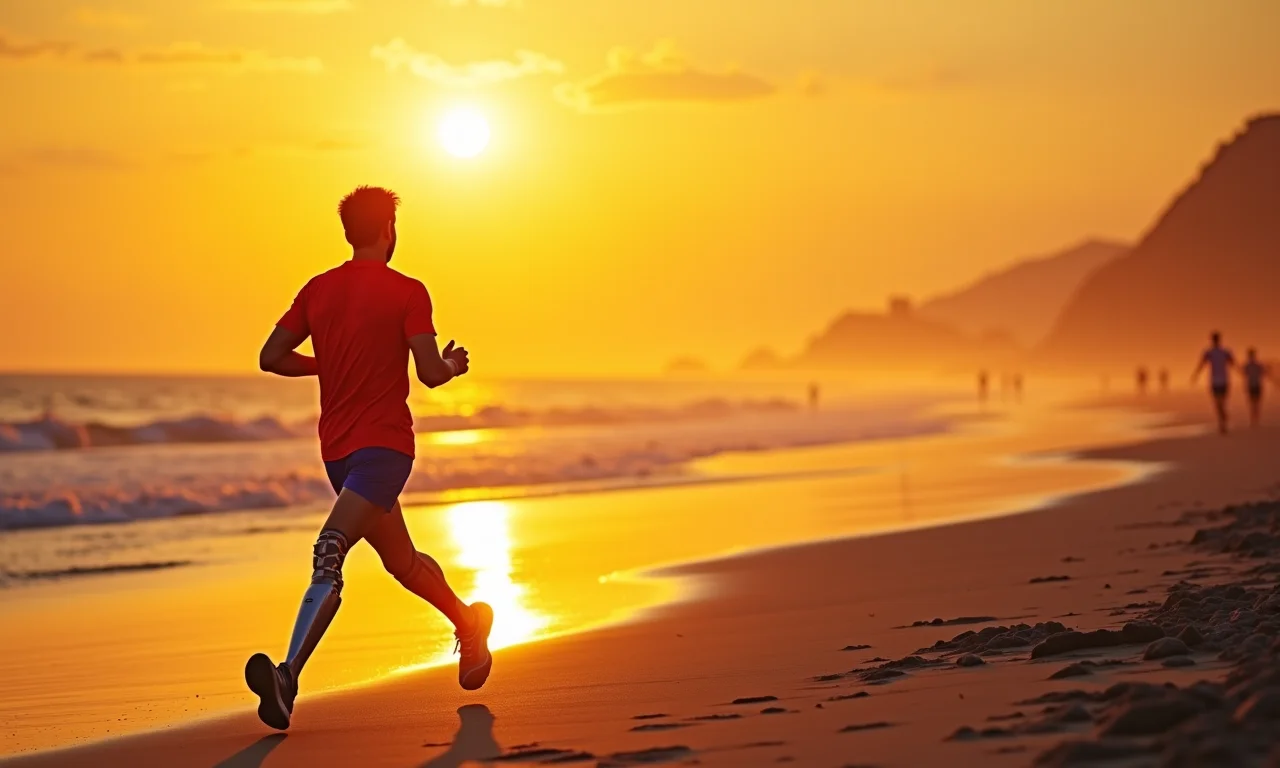 Pessoa correndo na praia com prótese de titânio.