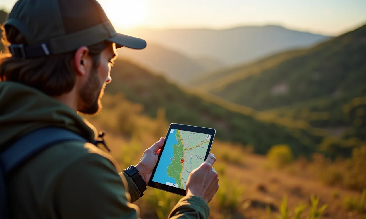 Pessoa fazendo trilha usando app de mapas offline no tablet.