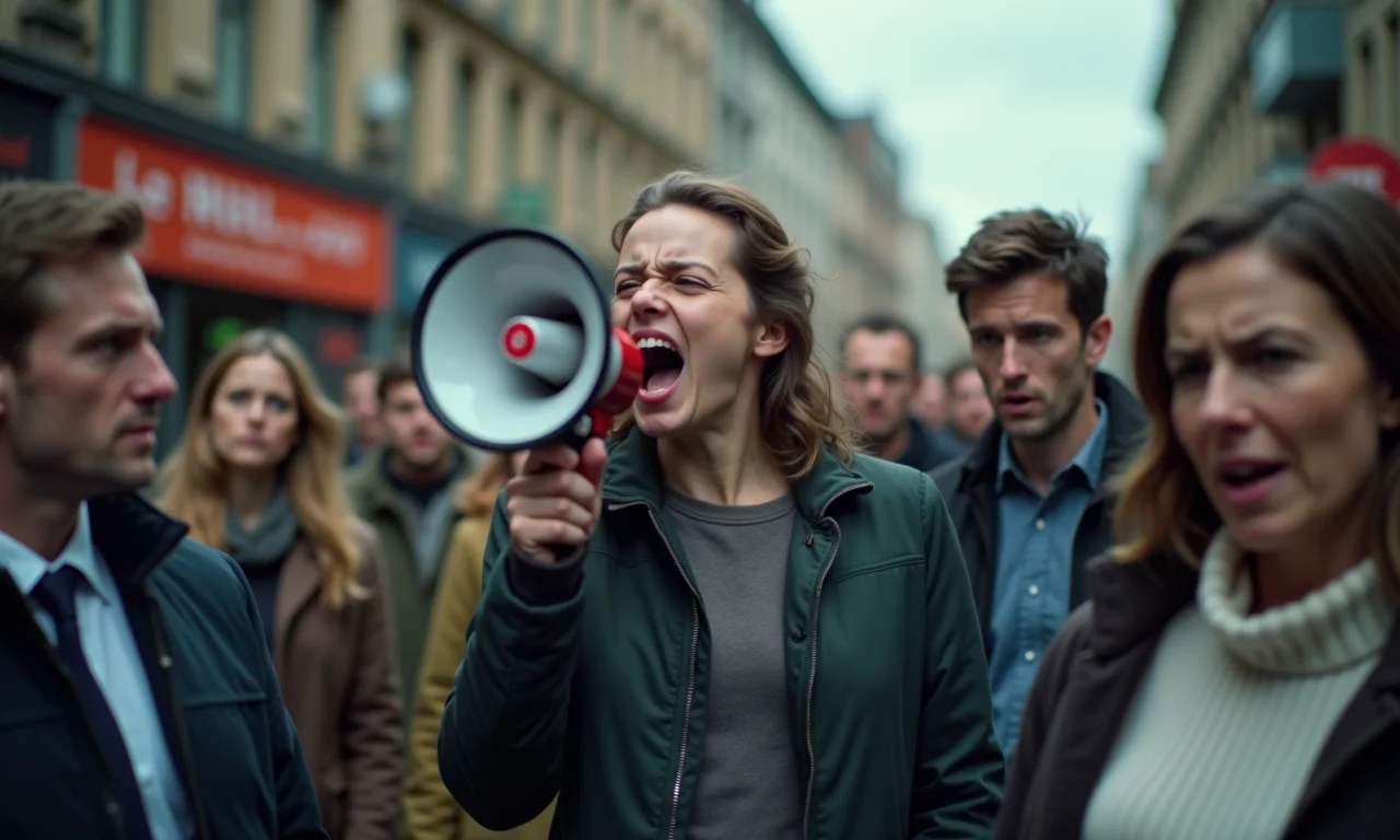 Pessoa gritando em megafone, ignorada pelos outros, sinalizando fanatismo.