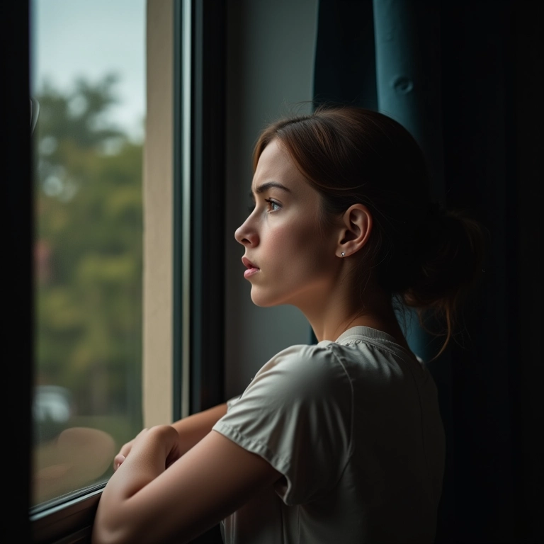 Pessoa olhando pela janela com expressão preocupada, representando medo da perda.