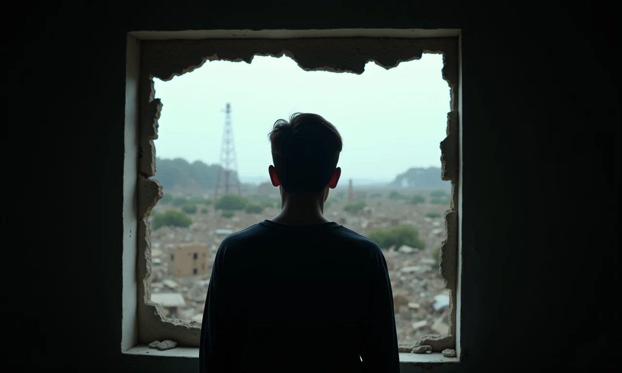 Pessoa olhando pela janela quebrada em paisagem desolada.