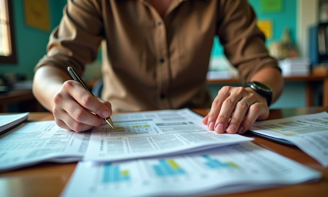 Pessoa priorizando contas essenciais e não essenciais em escritório com decoração brasileira.