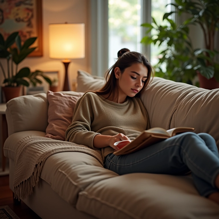 Pessoa relaxando no sofá com um livro, chá e cobertor.