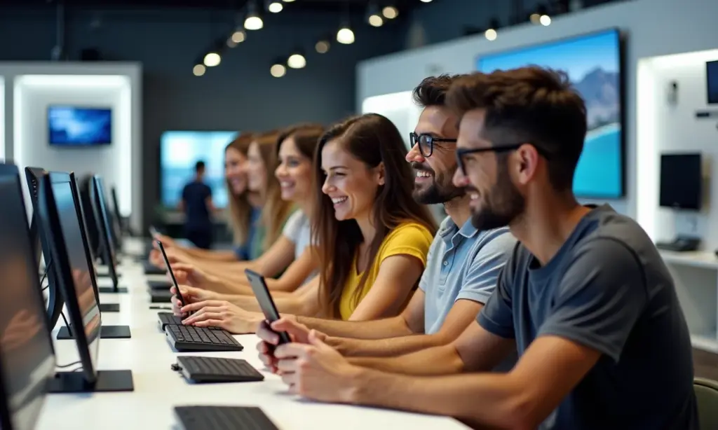 Qual a Melhor Época do Ano Para Comprar Eletrônicos? Pessoas comprando eletrônicos em loja moderna.