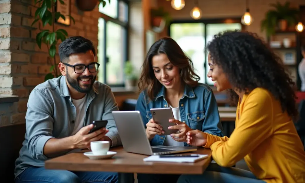 O Que é um Site Responsivo e Por Que Isso Importa Para Você Pessoas diversas acessando um site responsivo em diferentes dispositivos em um café vibrante.