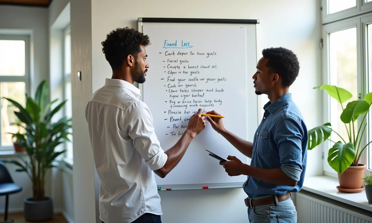 Pessoas diversas definindo metas financeiras em quadro branco.