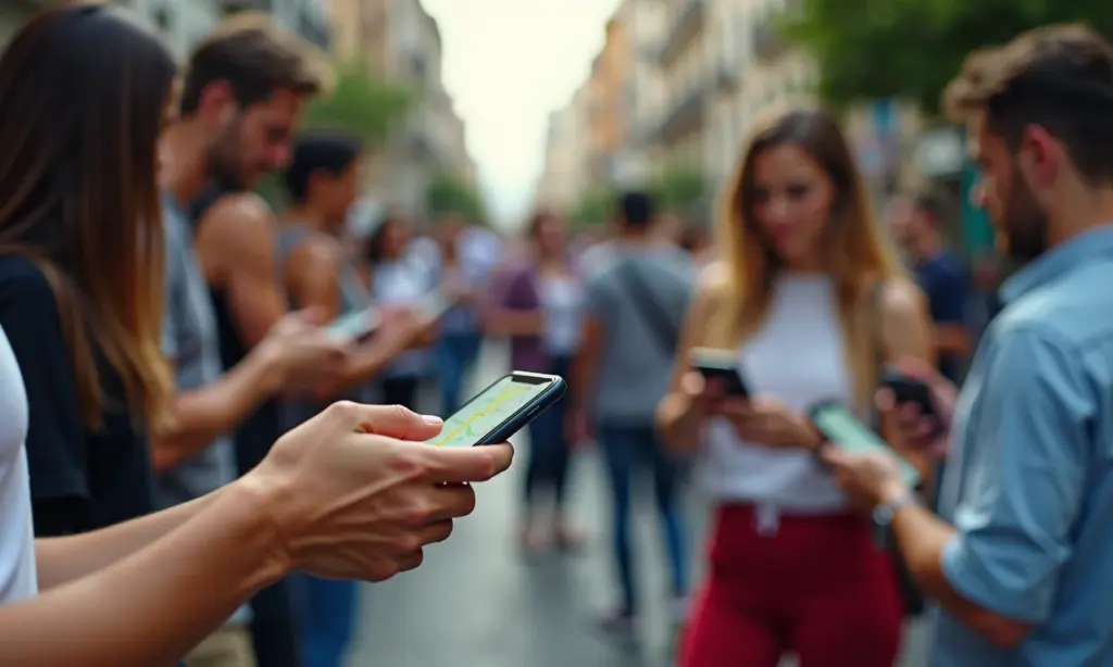 Procurar Rua no Mapa: Guia de Apps Pessoas diversas usando apps de mapa no celular em rua movimentada no Brasil.