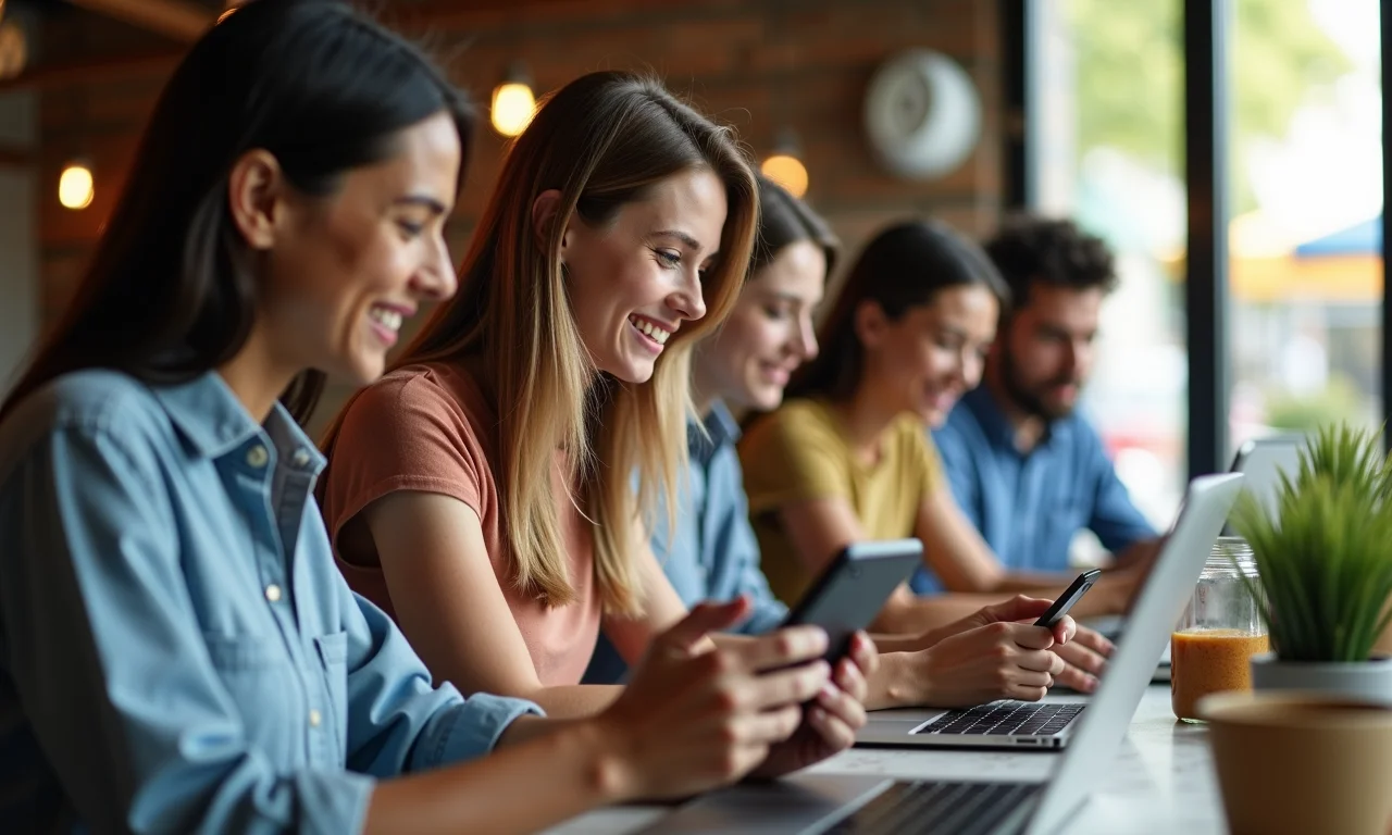 Pessoas diversas usando serviços da conta corrente: pagando contas, investindo e comprando.
