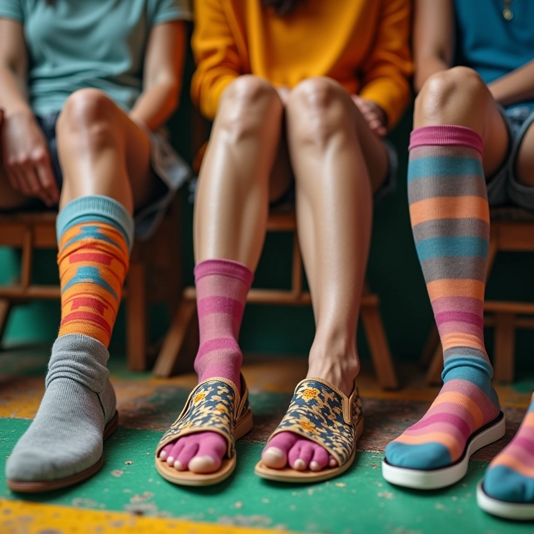 Como escolher a meia certa para cada tipo de sapato Pessoas mostrando diferentes combinações de meias e sapatos em um ambiente brasileiro vibrante.