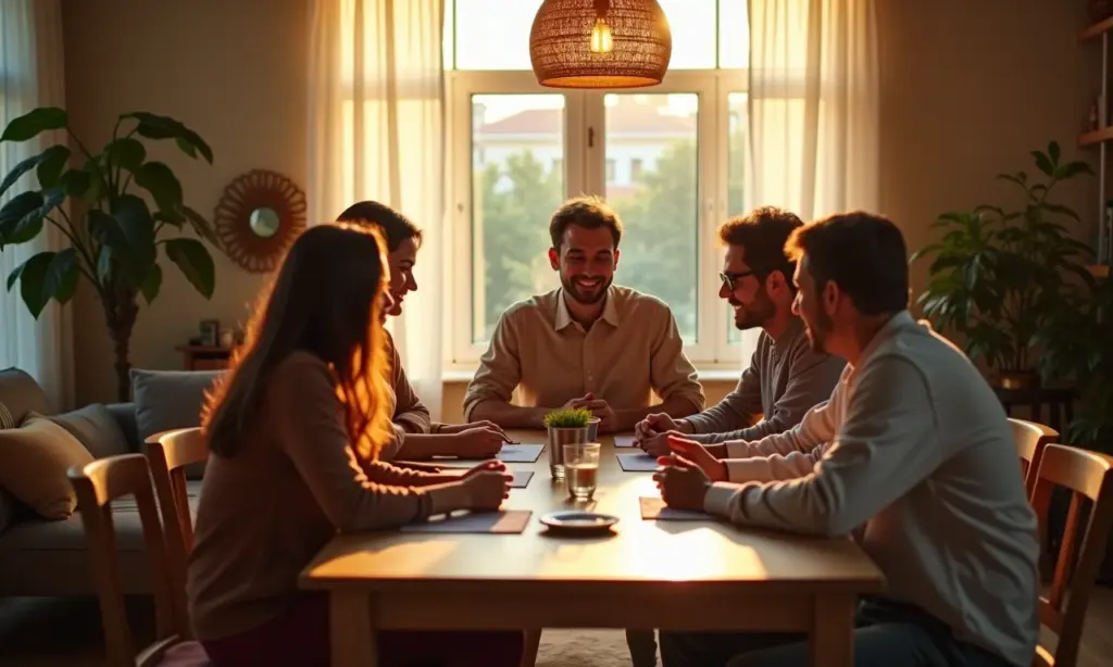 Pacto de Convivência: Personalize as Regras da União Pessoas reunidas em sala de estar aconchegante, discutindo regras da casa.