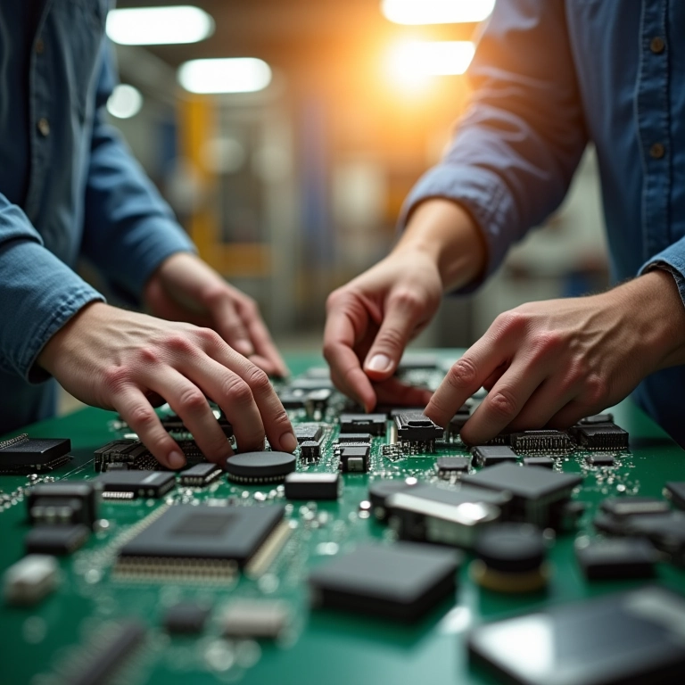 Pessoas separando componentes eletrônicos em fábrica de reciclagem.