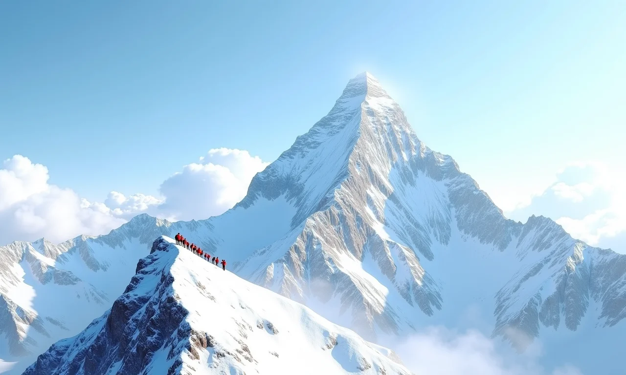 Pico do Monte Everest, Nepal/Tibete, com cúpula coberta de neve e alpinistas escalando.