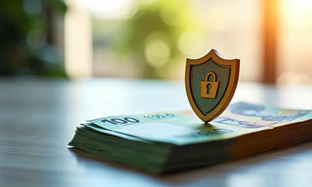Pilhas de notas de real com um escudo translúcido, representando a segurança financeira.