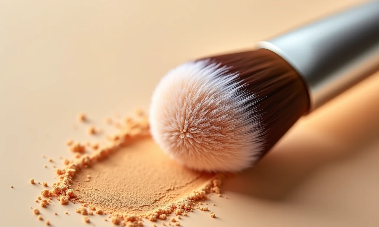 Pincel de maquiagem com protetor solar em pó pronto para aplicar.