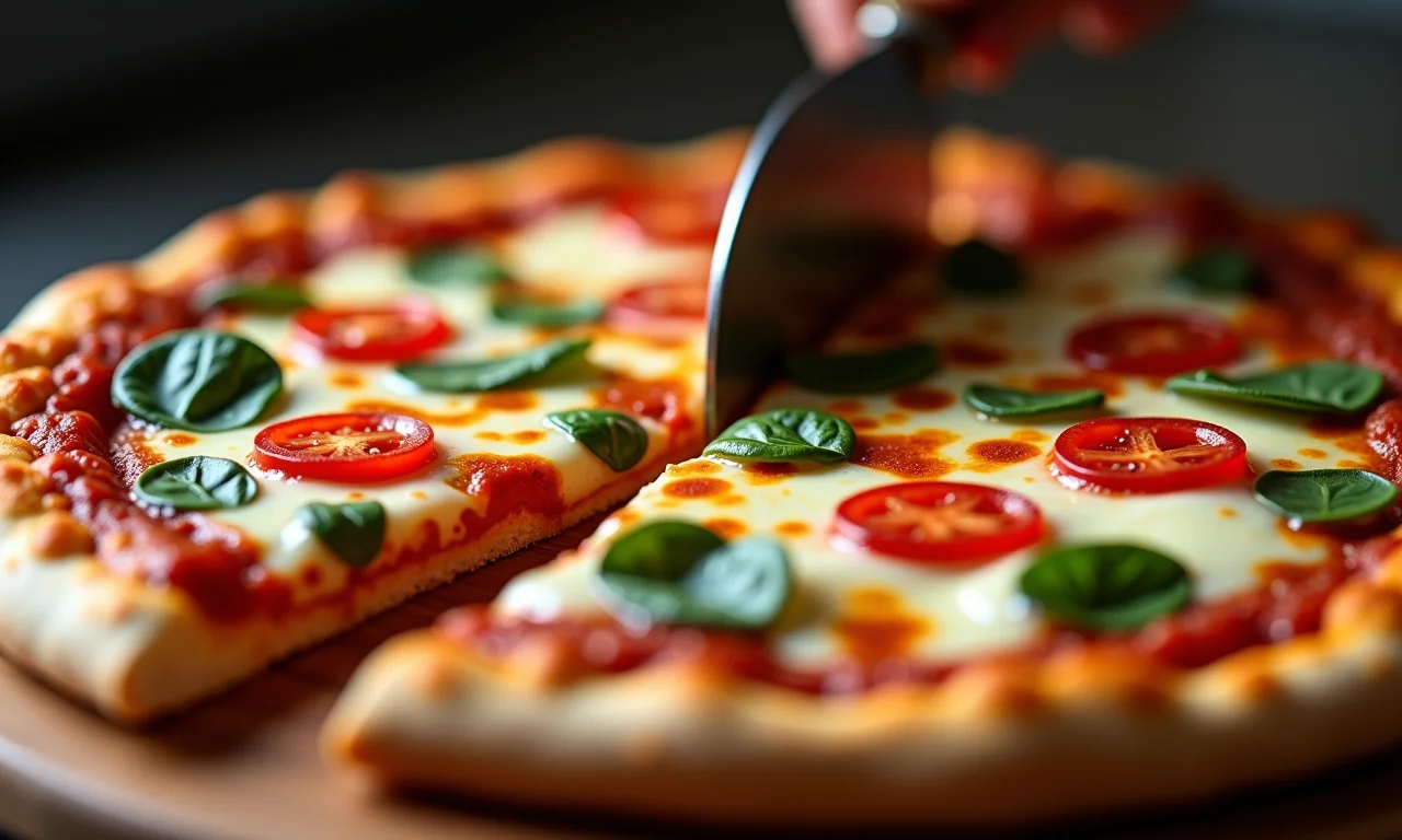 Pizza Carlos sendo fatiada, mostrando a crosta crocante e os ingredientes frescos.