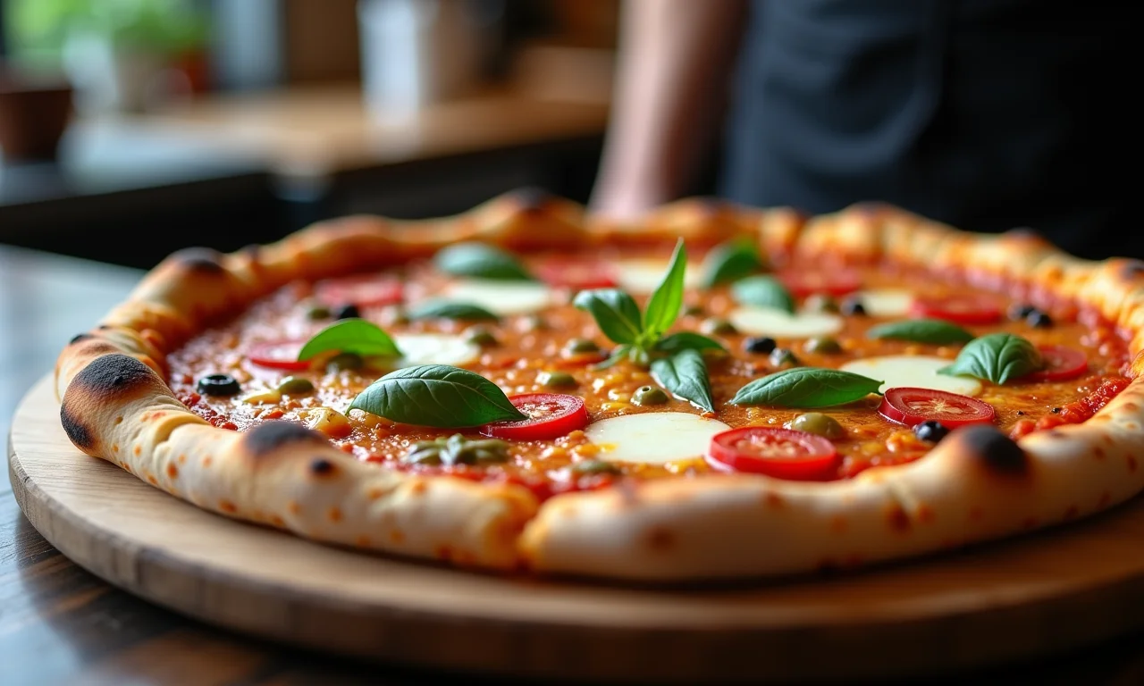Pizza da Bráz Pizzaria sendo servida, com ingredientes frescos e aparência apetitosa.