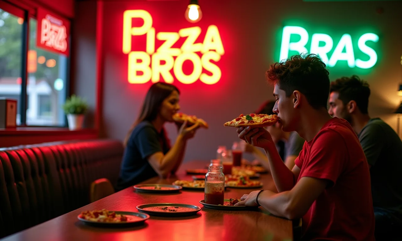 Pizzaria Pizza Bros com decoração moderna e ambiente animado, frequentada por jovens.