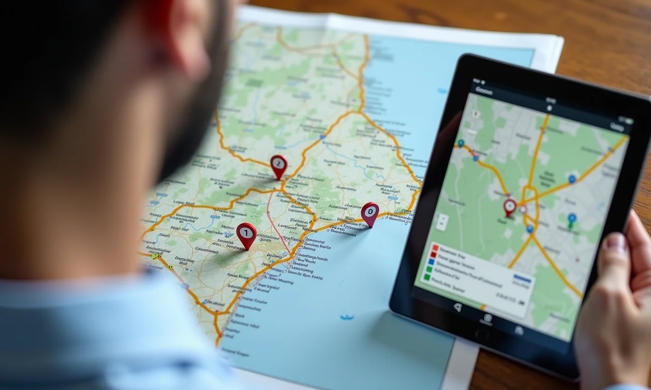 Planejamento de rota com mapa físico e digital, mostrando a aplicação prática da localização fixa.