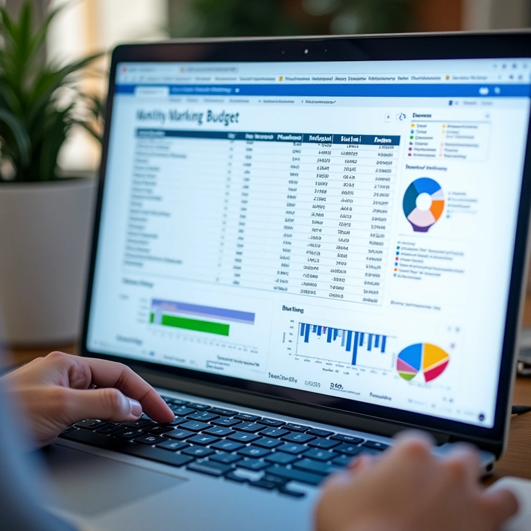 Planilha de orçamento detalhada de marketing digital em tela de laptop.