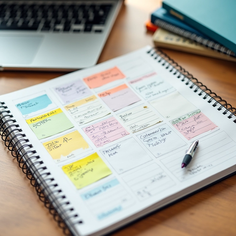 Planner aberto com anotações coloridas e caneta marcando tarefas.