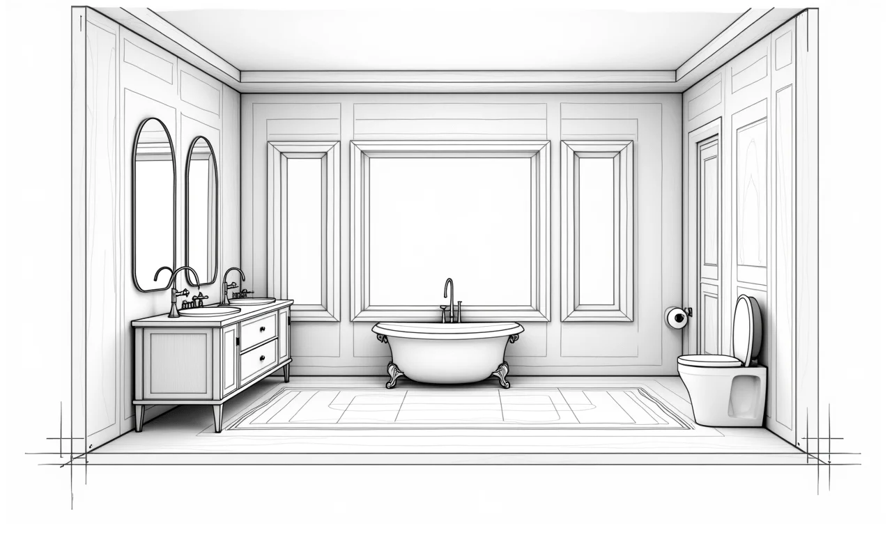 Planta baixa detalhada de um banheiro com banheira de alvenaria, mostrando o planejamento do espaço e design.