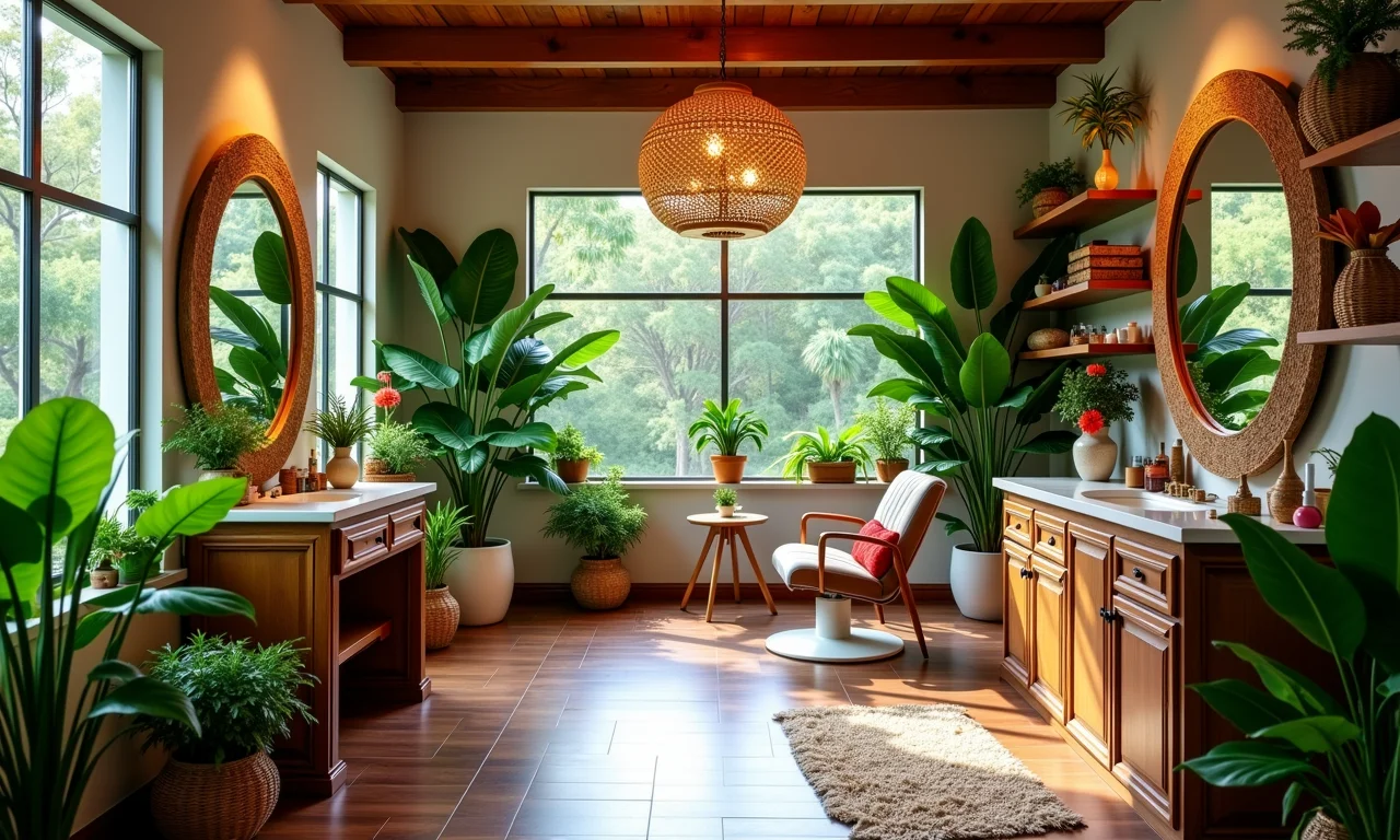 Plantas e flores vibrantes decorando um salão de beleza acolhedor.