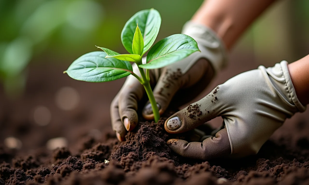 Plantio delicado de muda de antúrio, cuidando das raízes.