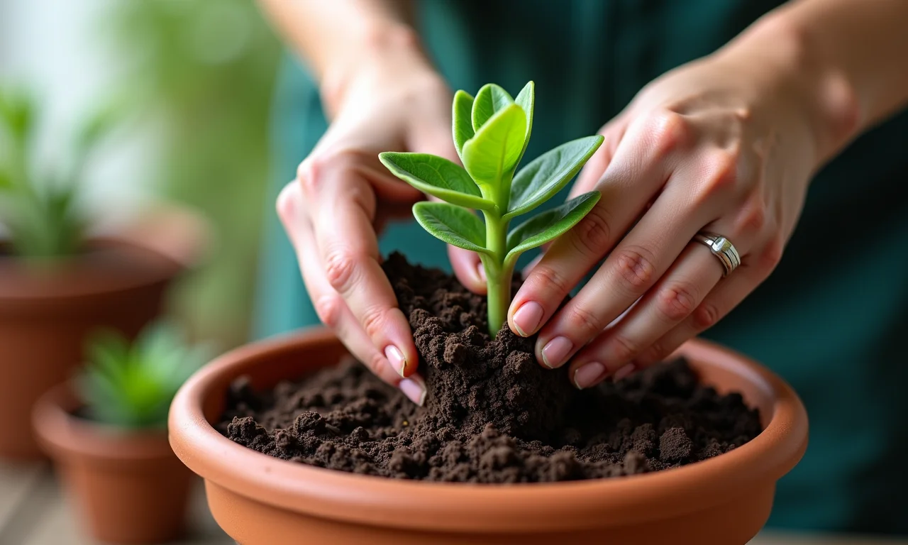 Plantio direto de galho de arruda no substrato.