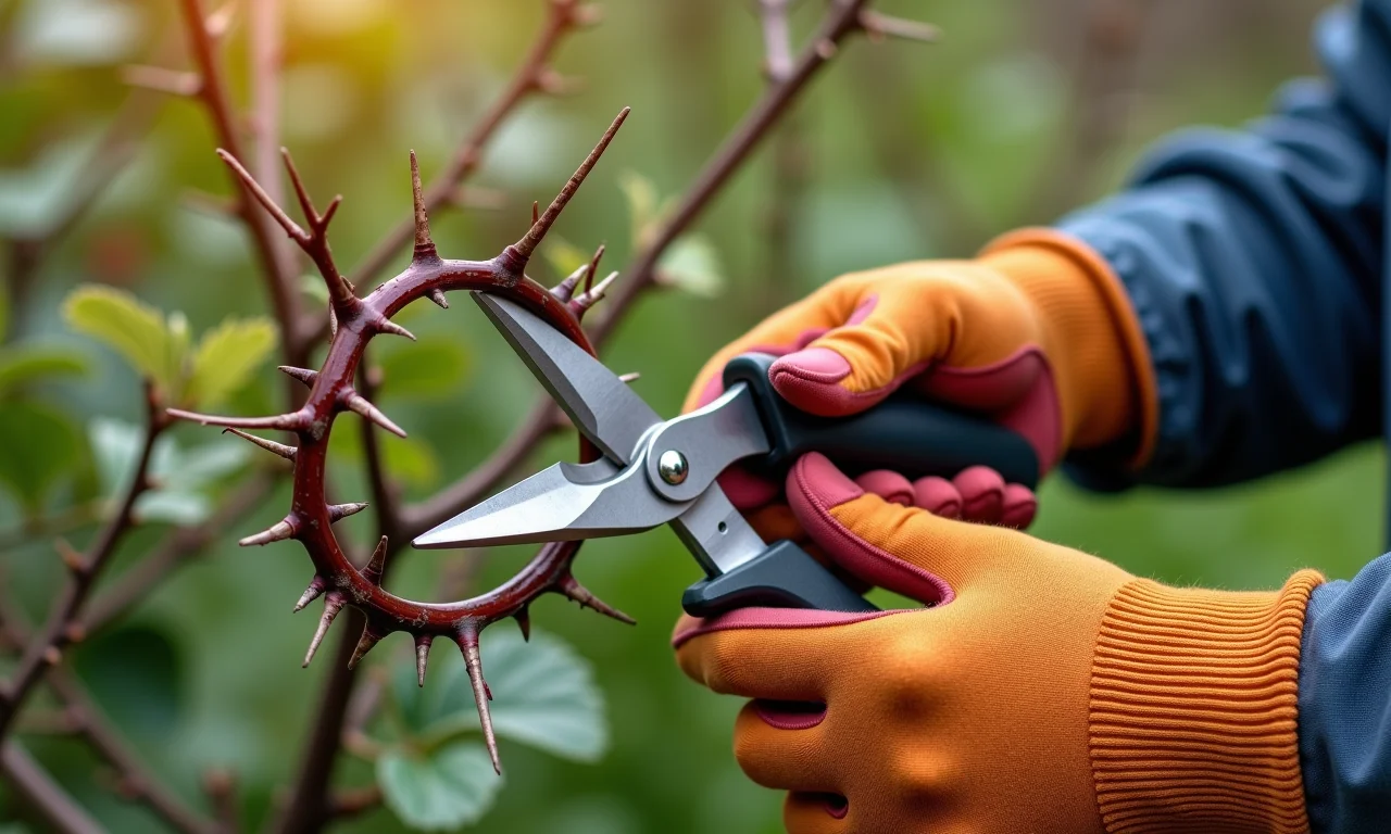 Poda da Coroa de Cristo com tesoura de poda e luvas de jardinagem.