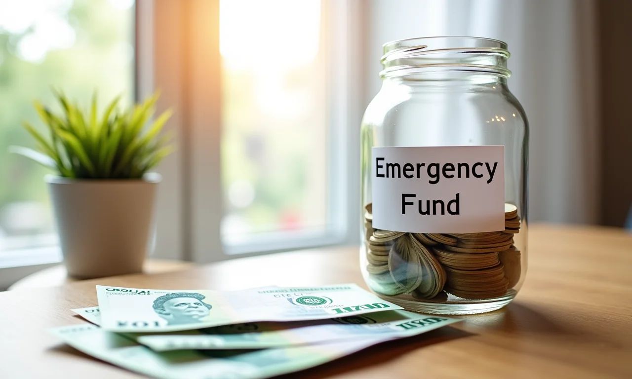 Pote de economias com a etiqueta 'Reserva de Emergência' cheio de notas de reais.
