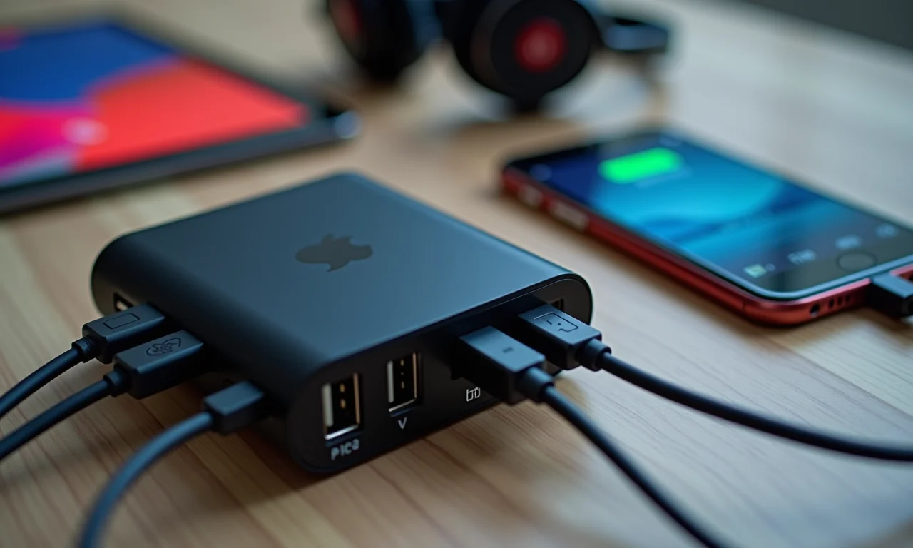 Power bank carregando múltiplos dispositivos simultaneamente.