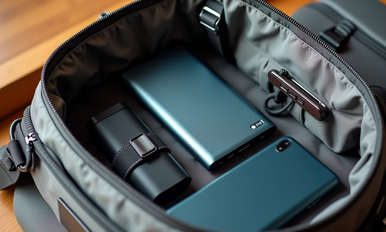 Power bank compacto em uma bolsa organizada.