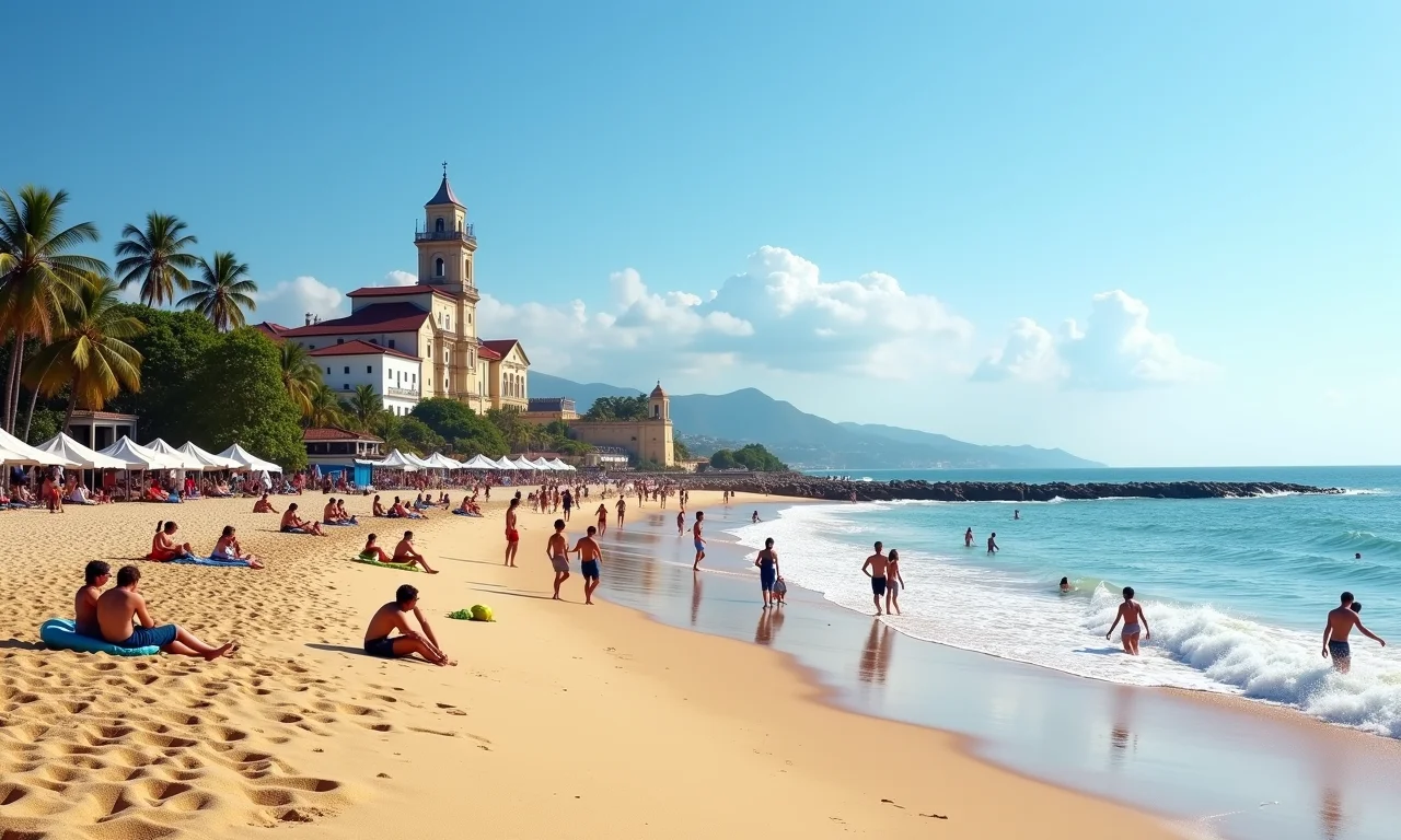 Praia de Porto Seguro com agito e construções históricas.