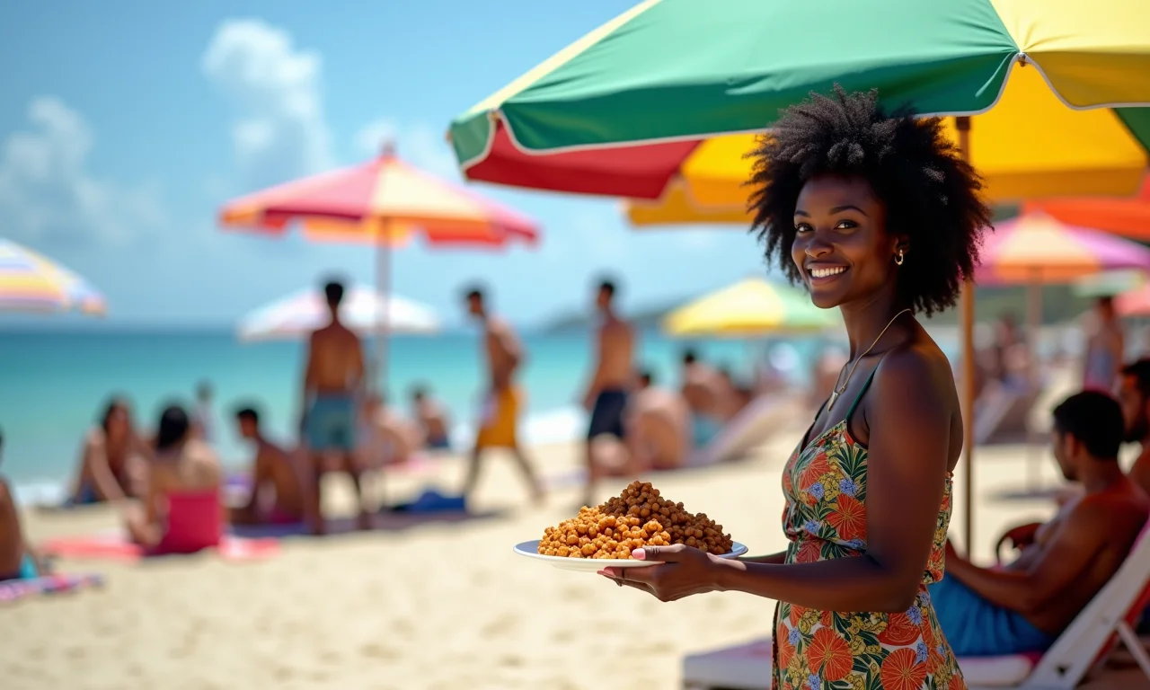 Praia movimentada na Bahia, com destaque para a cultura vibrante e a culinária local.