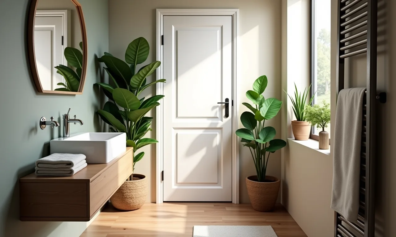 Prateleiras aéreas aproveitando espaço vertical em banheiro pequeno.