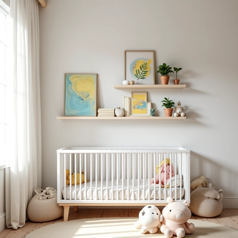 Prateleiras aéreas com livros e decoração em quarto de bebê.