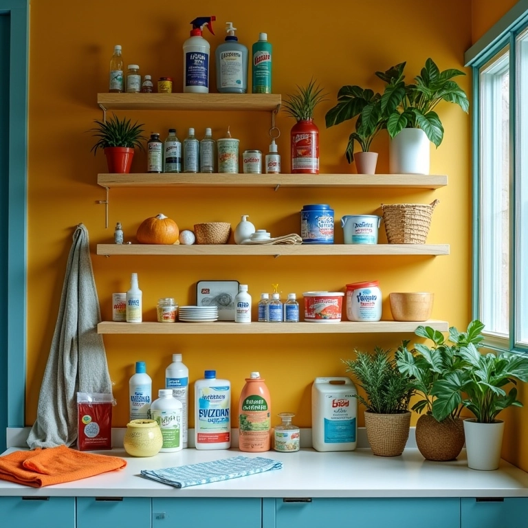 Prateleiras e nichos organizando produtos de limpeza.