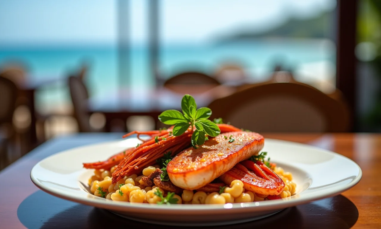 Prato de frutos do mar sendo servido em restaurante de pousada em São Miguel dos Milagres, Alagoas.
