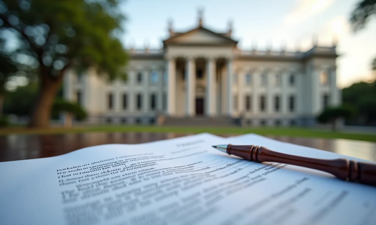 Prédio do governo brasileiro ao fundo, com documentos legais sobre aposentadoria de servidor público.