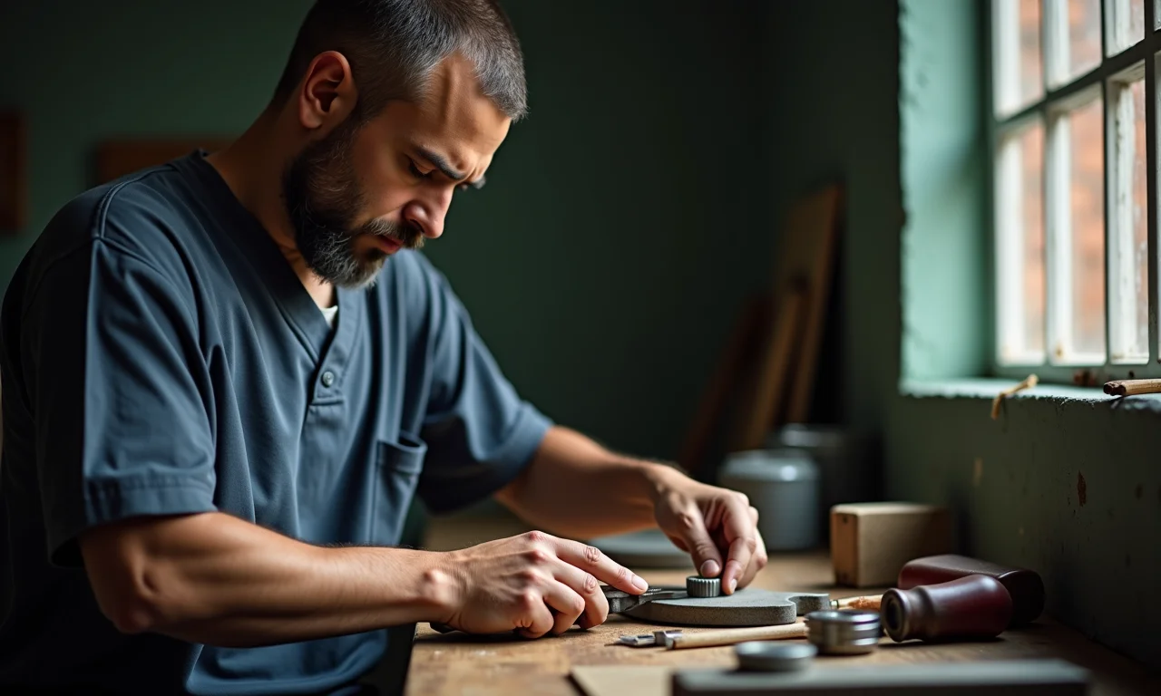 Preso aprendendo uma nova habilidade em oficina, foco no desenvolvimento profissional.