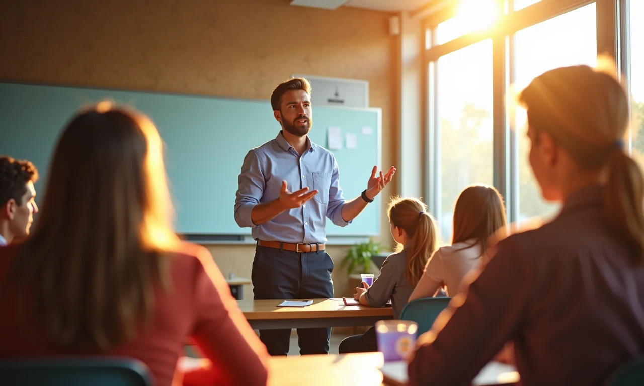 Professor ministrando aula em sala de aula ensolarada.