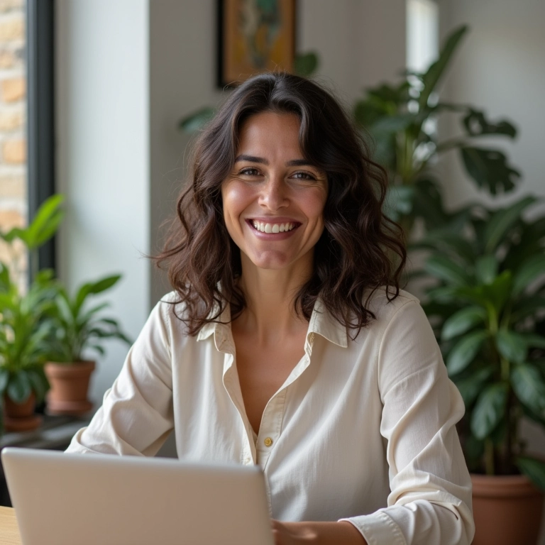Professora de idiomas ensinando online em escritório charmoso.