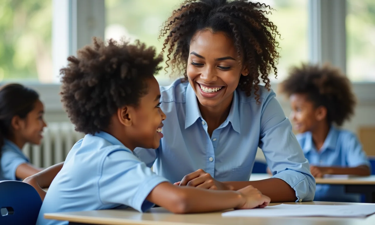 Professora sorrindo auxiliando um aluno em sala de aula bem equipada, representando o impacto social positivo da educação.