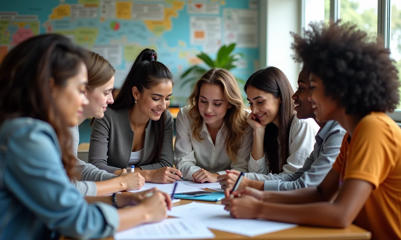 Professores analisando recursos pedagógicos modernos em sala de aula brasileira, representando a disponibilização de materiais.