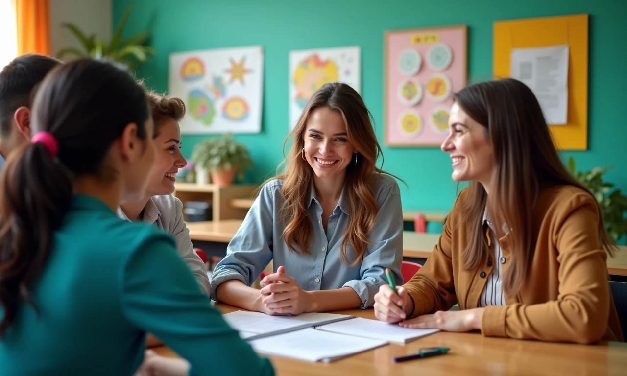 Professores discutindo estratégias educacionais em ambiente escolar moderno.