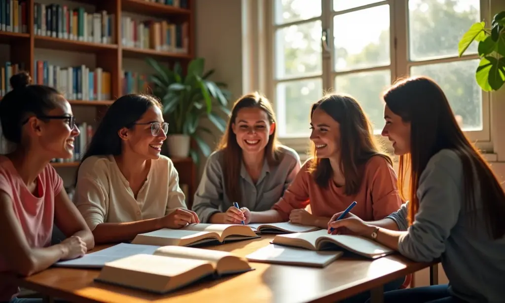Programa Tempo de Aprender: Alfabetização na Idade Certa Professores diversos colaborando em biblioteca brasileira ensolarada, promovendo a alfabetização.