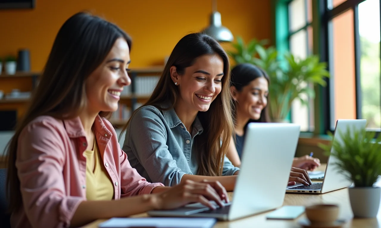 Profissionais brasileiros motivados trabalhando juntos em espaço de co-working colorido.